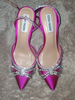 Steve Madden Pink Satin Pointed-Toe Crystal Slingback Heels